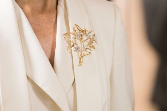 STOCKHOLM, STOCKHOLM - MAY 29: Brooch detail of Crown Princess Mary of Denmark is seen at the Designlounge on May 29, 2017 in Stockholm, Sweden. (Photo by Michael Campanella/Getty Images)