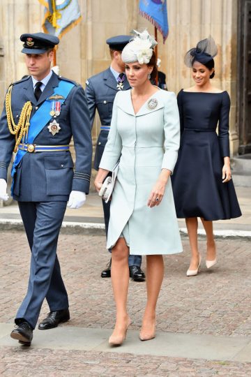 LONDON, ENGLAND - JULY 10:  Catherine, Duchess of Cambridge (C), Prince William, Duke of Cambridge (L) and Meghan, Duchess of Sussex (R) attend as members of the Royal Family attend events to mark the centenary of the RAF on July 10, 2018 in London, England.  (Photo by Jeff Spicer/Getty Images)