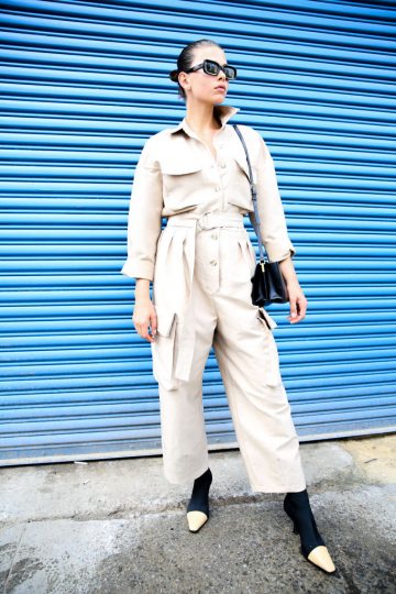 NEW YORK, NEW YORK - SEPTEMBER 08: A guest is seen wearing a light tan outfit outside the Laquan Smith show during New York Fashion Week on September 08, 2019 in New York City. (Photo by Donell Woodson/Getty Images)