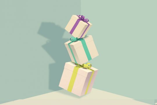 Stack of gift boxes with bows on colored background